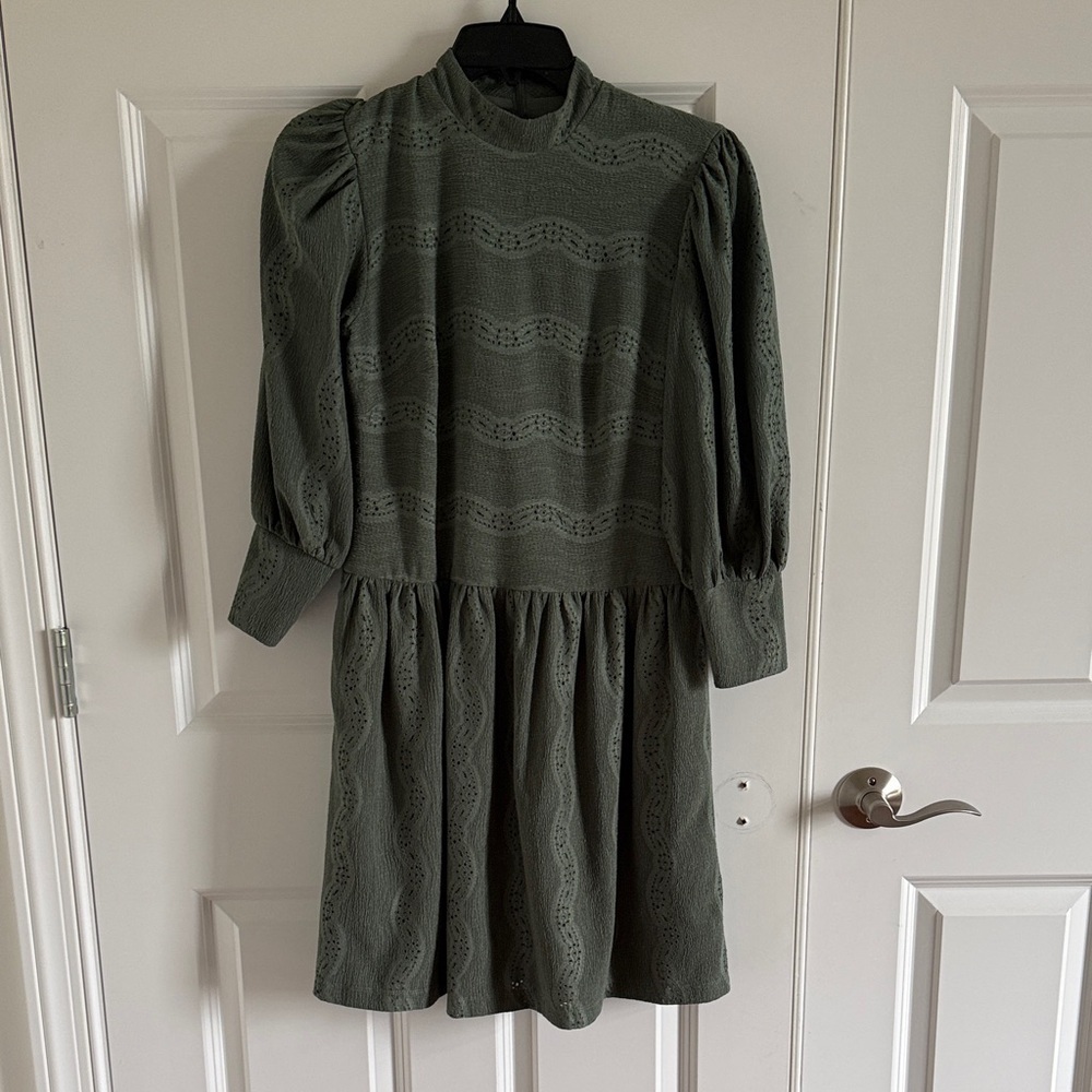 Donna Morgan High Olive Green Neck Dress | Puff Sleeves | Elegant & Modest SZ 0